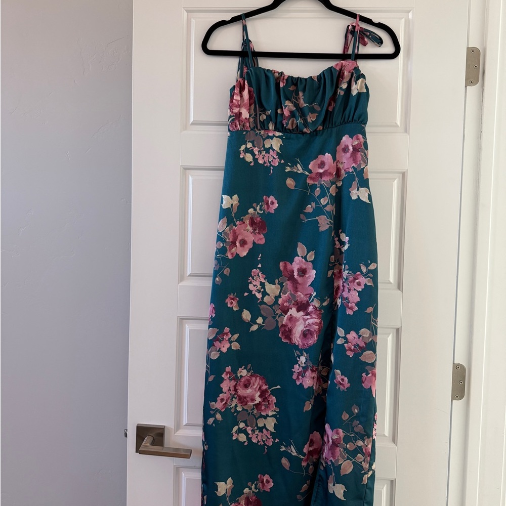Fleur-ty Behavior Teal Floral Satin Tie-Strap Midi Dress